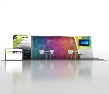 10x30 exhibit with open aisle and product wall