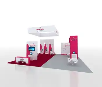 40x40 exhibit with modular product demo stations