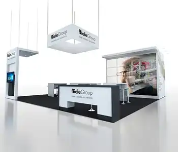 30x30 booth with open lounge and LED walls