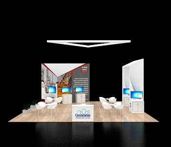 30x30 booth with dual demo counters and signage