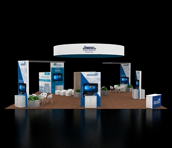 40x40 display booth with central reception desk