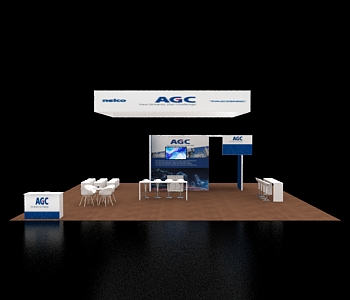 40x40 booth with dual LED header signage