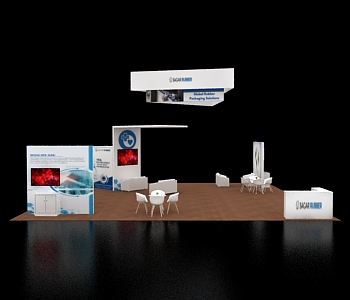 Trade booth 40x40 with modular shelving units