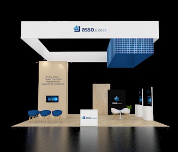 30x30 booth with open aisle and reception desk