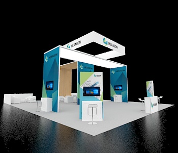 40x40 booth with central reception and LED wall