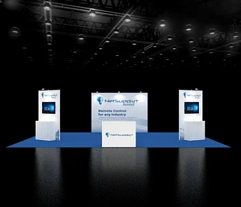 20x30 exhibit with black overhead cube, wood pylon